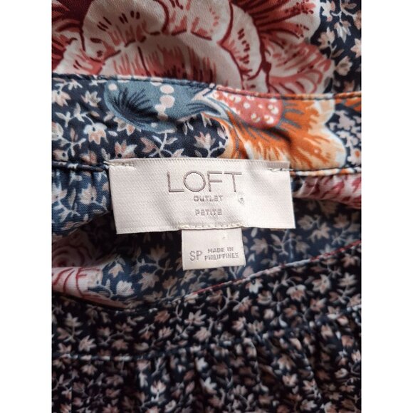 LOFT Outlet Floral Print Blouse 3/4 Sleeves Womens Small Petite Black Orange - Picture 3 of 6